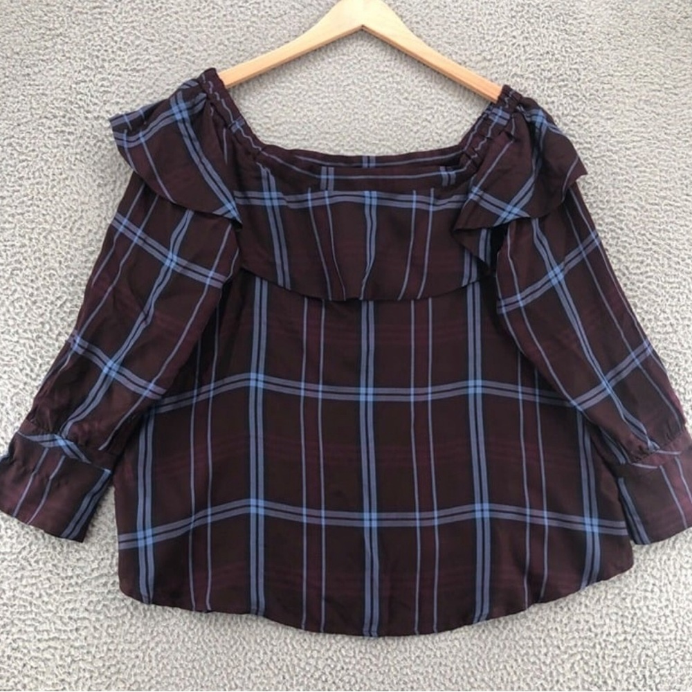 LOFT Top Womens Large Maroon Blue Plaid Off Shoulder Ruffle Long Sleeve Blouse